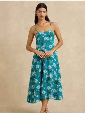 Hannah Teeva Teal Floral Spaghetti-Strap Midi Dress